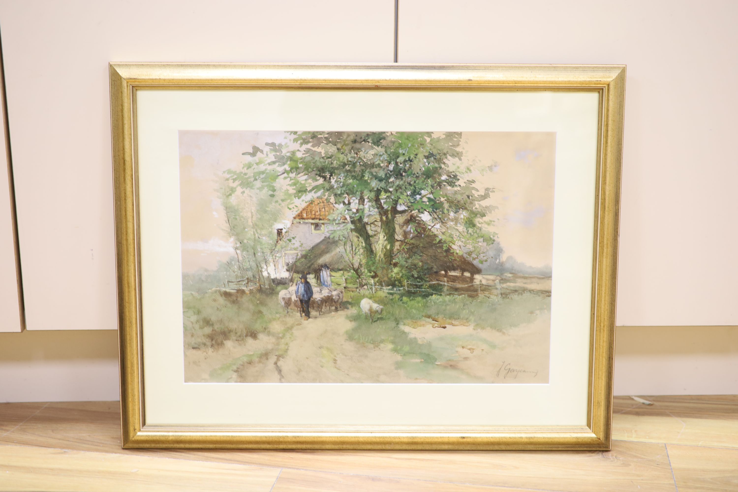 Johannes Josephus Garjeanne (1860-1930), watercolour, A Dutch homestead with sheep, signed, 33 x 48cm